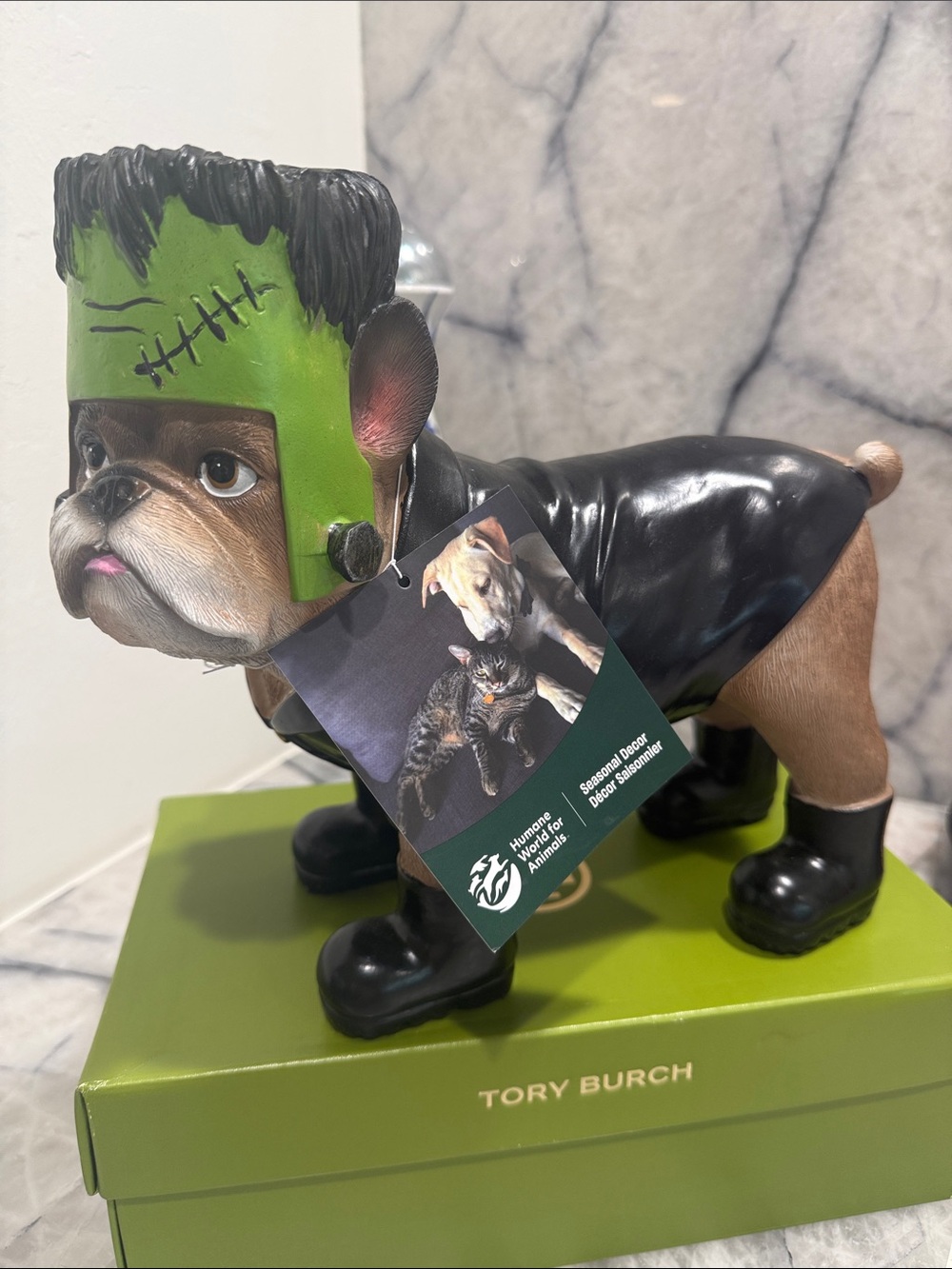 Halloween Bulldog Figurine as Frankenstein 9 1/2 inches tall. NWT